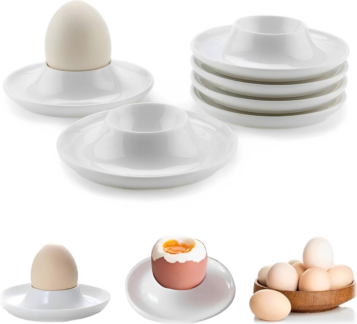 6 stuks witte eierschaaltjes, plastic eierhouders, eierdisplaystandaards, compact formaat, set voor gekookte eieren, ontbijteierstandaard, opbergrek, keukenaccessoires