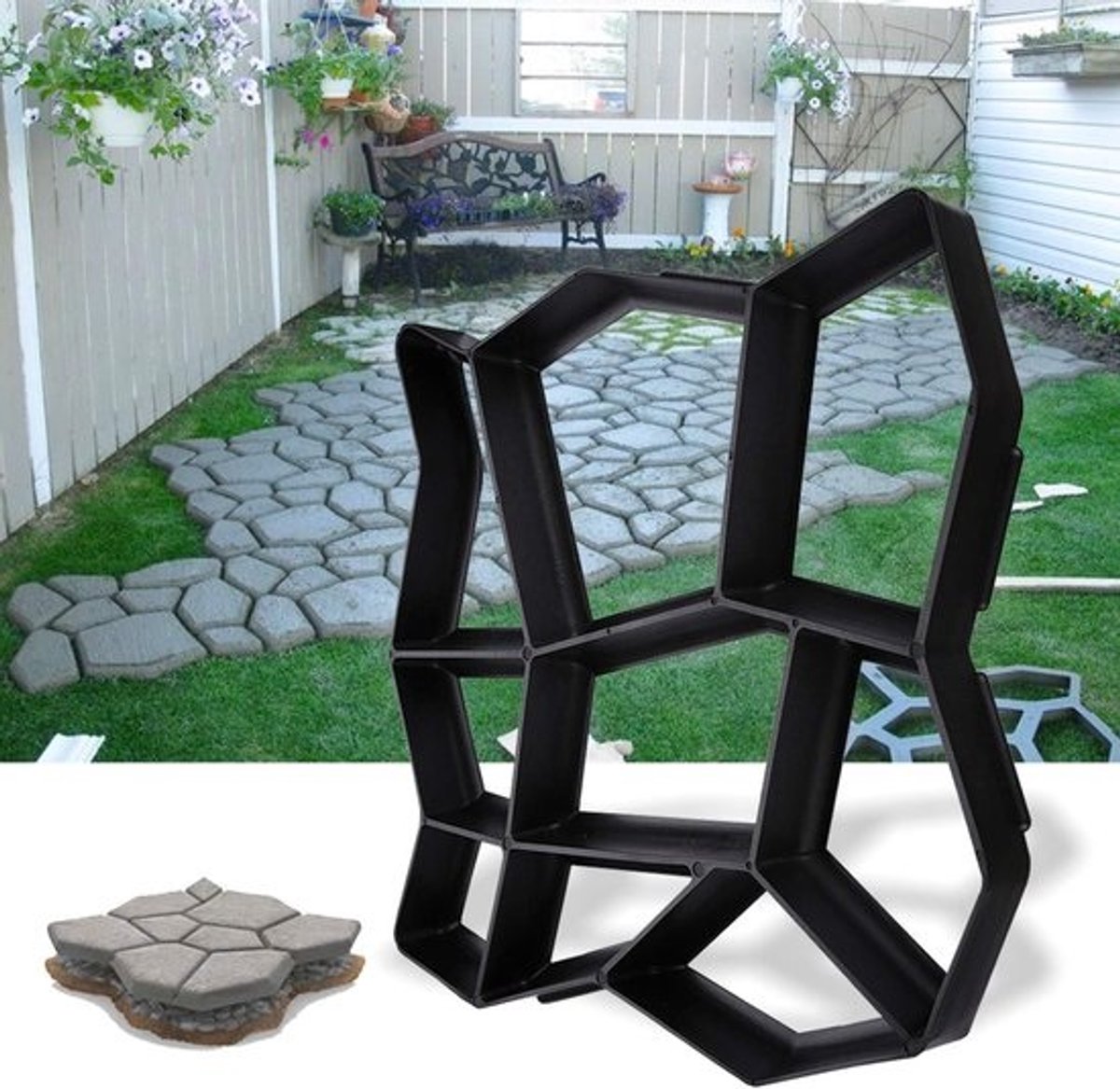 Betonvorm Tuinpad - Straatvorm Sjabloon - DIY Tuinontwerp - Herbruikbaar Steenvorm - 43x43x4 cm - Zwart