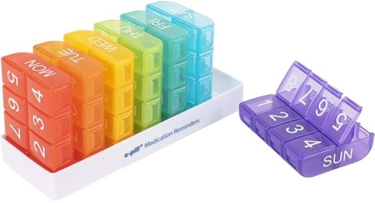 Wekelijkse Pillen Organizer - Medicatie Doos - Medicijnen Sorteren - 8 Doses Per Dag - Grote Compartimenten - Multicolor
