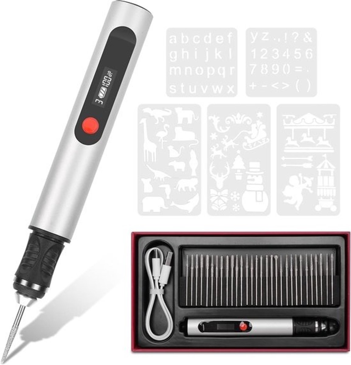 Graveerpen Set - Elektrisch Gereedschap - Creatief Graveren - Oplaadbaar Met Templates - 19x11x2cm - Zilver