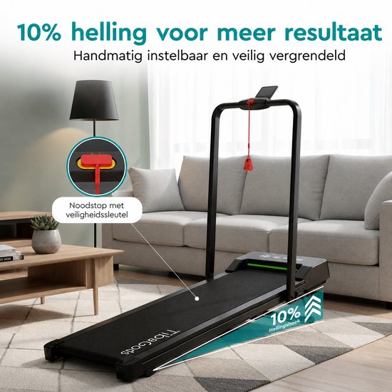 Zwarte loopband in woonkamer met 10% helling en gedetailleerde afbeelding van noodstop met veiligheidssleutel.