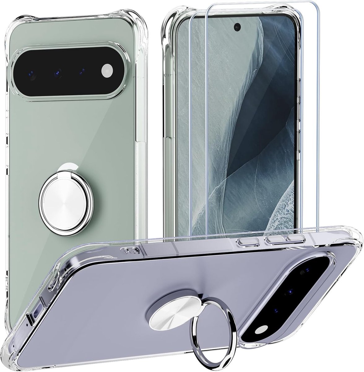Zandarix Screenprotector Geschikt voor Google Pixel 11 / 11 Pro - 2 Screenprotector - 360 Graden - Magnetische Ring Zilver - Schokbestending - Back Cover Hoesje - Transparant
