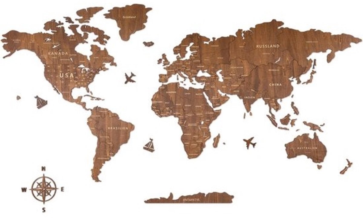 Houten Wereldkaart 150 x 85 cm – 3D Handgemaakte Wanddecoratie met Continenten, Vliegtuigjes en Kompas voor Thuis en Kantoor