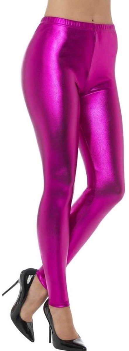 Roze Metallic Leggings | Glanzende Neon Disco Leggings in Hot Pink | Maat L (UK 16-18)