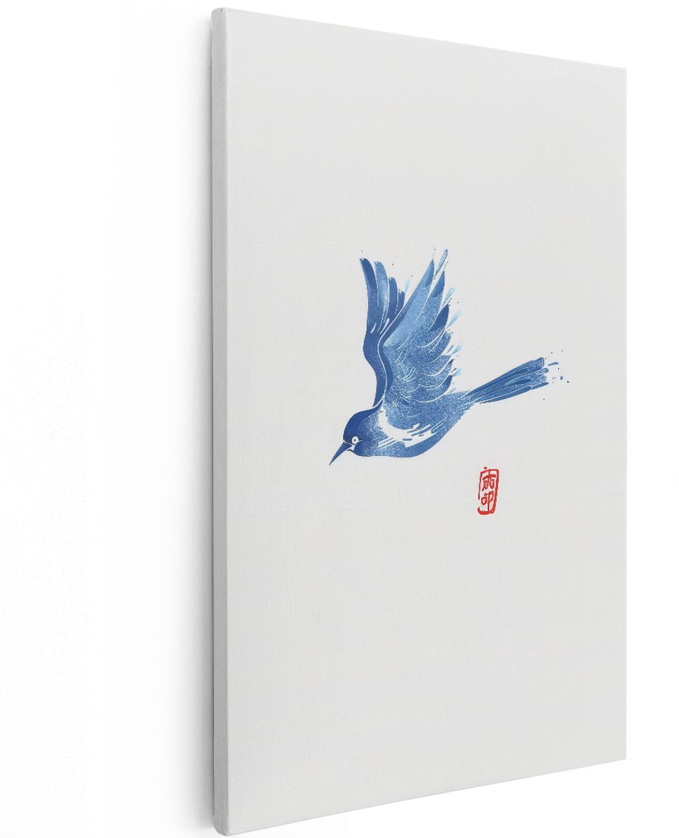 Artaza Canvas Schilderij Blauwe Vogel - 120x180 cm - Groot - Wanddecoratie Japandi - Muurdecoratie Vogels - Decoratie Chinese Inkt Stijl