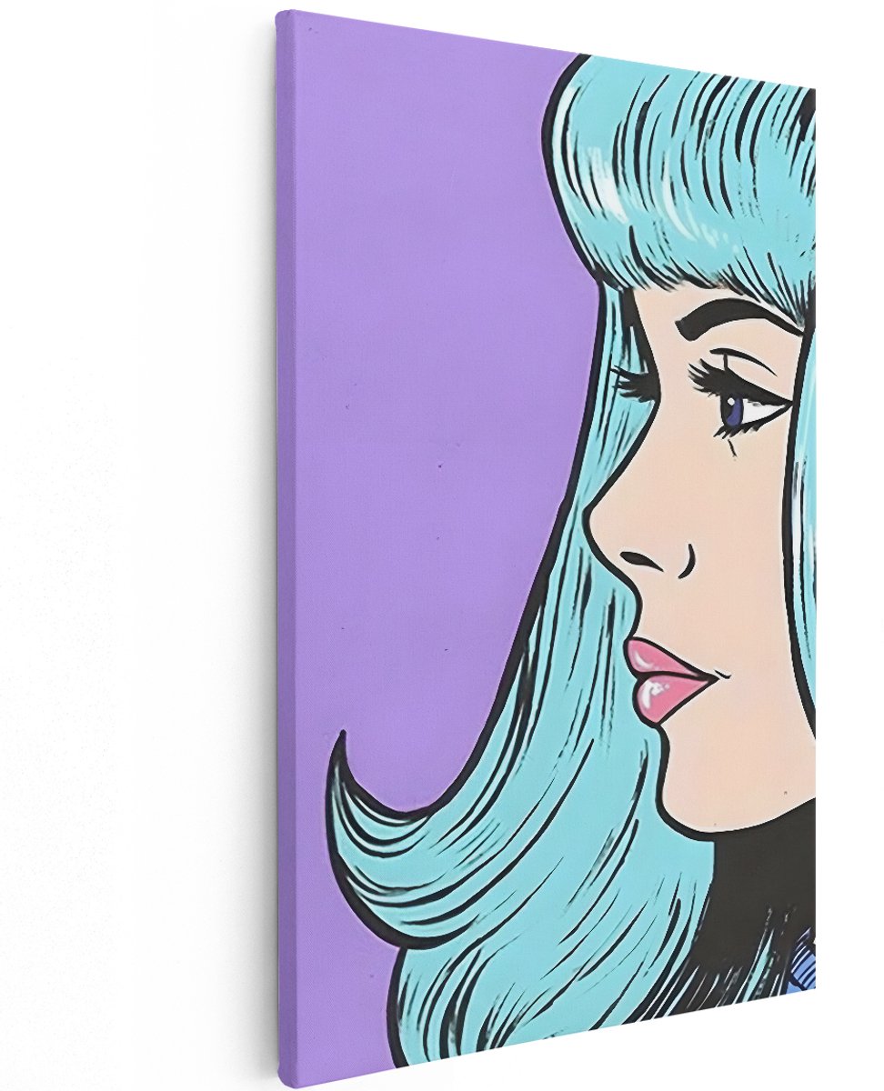 Artaza Canvas Schilderij Pop Art Vrouw - 120x180 cm - Groot - Wanddecoratie Modern - Muurdecoratie Vintage - Schilderijen Op Canvas Blauw Haar