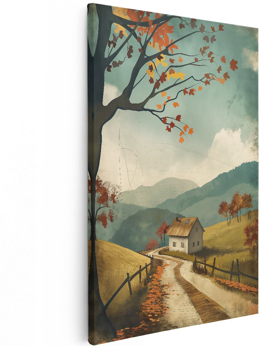 Artaza Canvas Schilderij Herfstlandschap - 120x180 cm - Groot - Wanddecoratie Natuur - Muurdecoratie Huisje - Decoratie Boom - Schilderijen Op Canvas