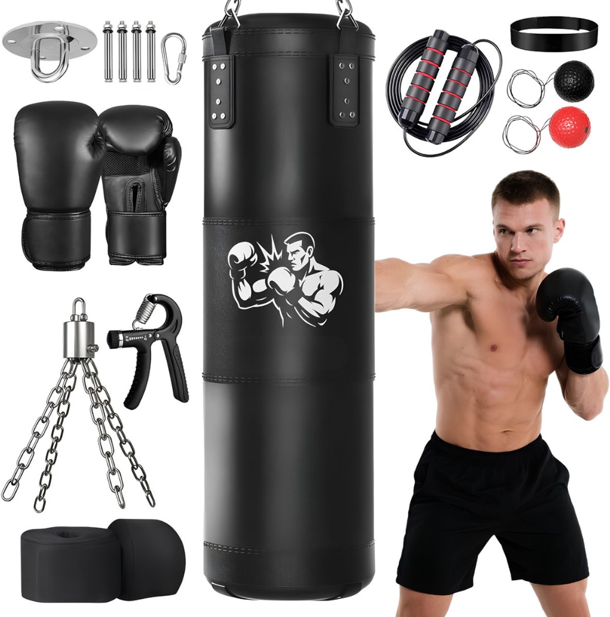 KIRA® Bokszak - Compacte Bokszak voor Beginners - Geschikt voor Fitness & Boks-techniek - Zwart - 30cm x 14cm x 122cm