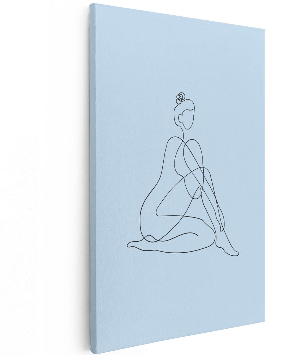 Artaza Canvas Schilderij Abstracte Vrouw - 120x180 cm - Groot - Wanddecoratie Line Art - Muurdecoratie Minimalistisch - Decoratie Woonkamer Blauw