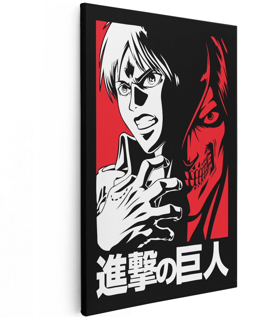 Artaza Canvas Schilderij Anime Poster Attack On Titan - 120x180 cm - Groot - Wanddecoratie Eren Yeager - Muurdecoratie Slaapkamer - Decoratie Zwart Wit