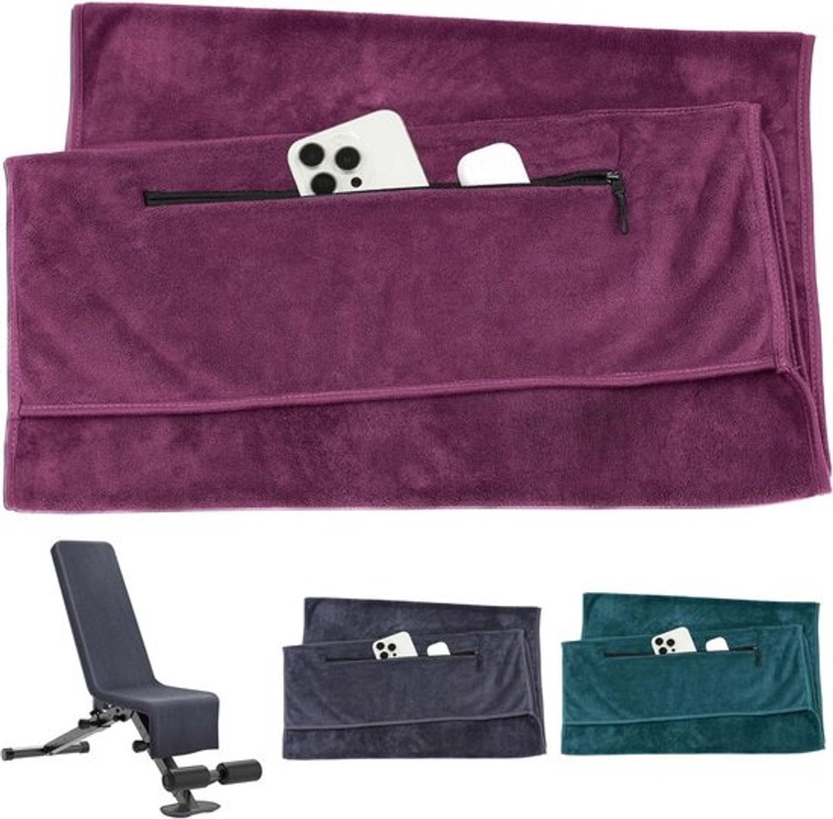 Fitness Handdoek - Sport Handdoek - Intensief Trainen - Met Ritsvak - 120 x 50 cm - Wijnrood