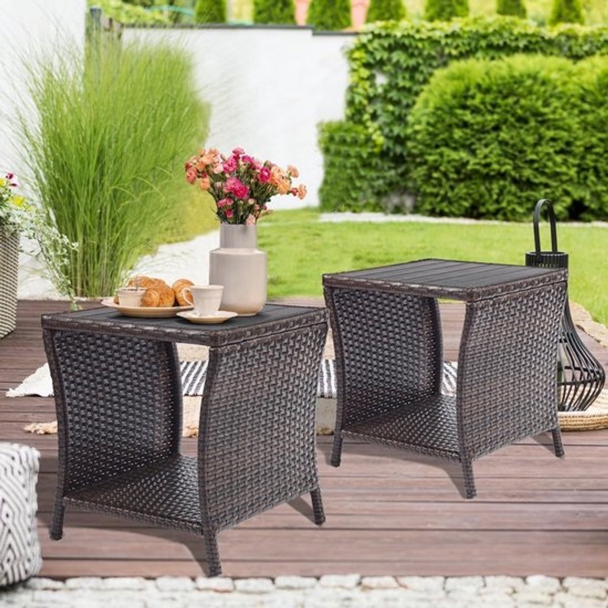 Set van 2 Kleine Terras bijzettafels met Opbergruimte en Polywood Tafelblad