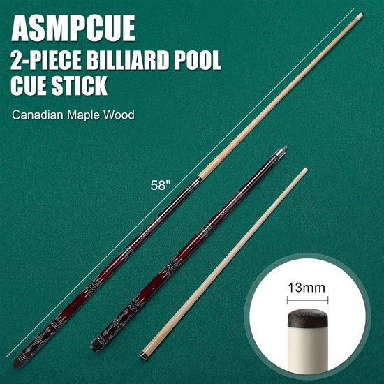 Biljartkeu Set - Pool Keu - Tafel Biljart Spel - Canadees Esdoorn Hout - 58 Inch Keu - Donkerrood — afbeelding 5