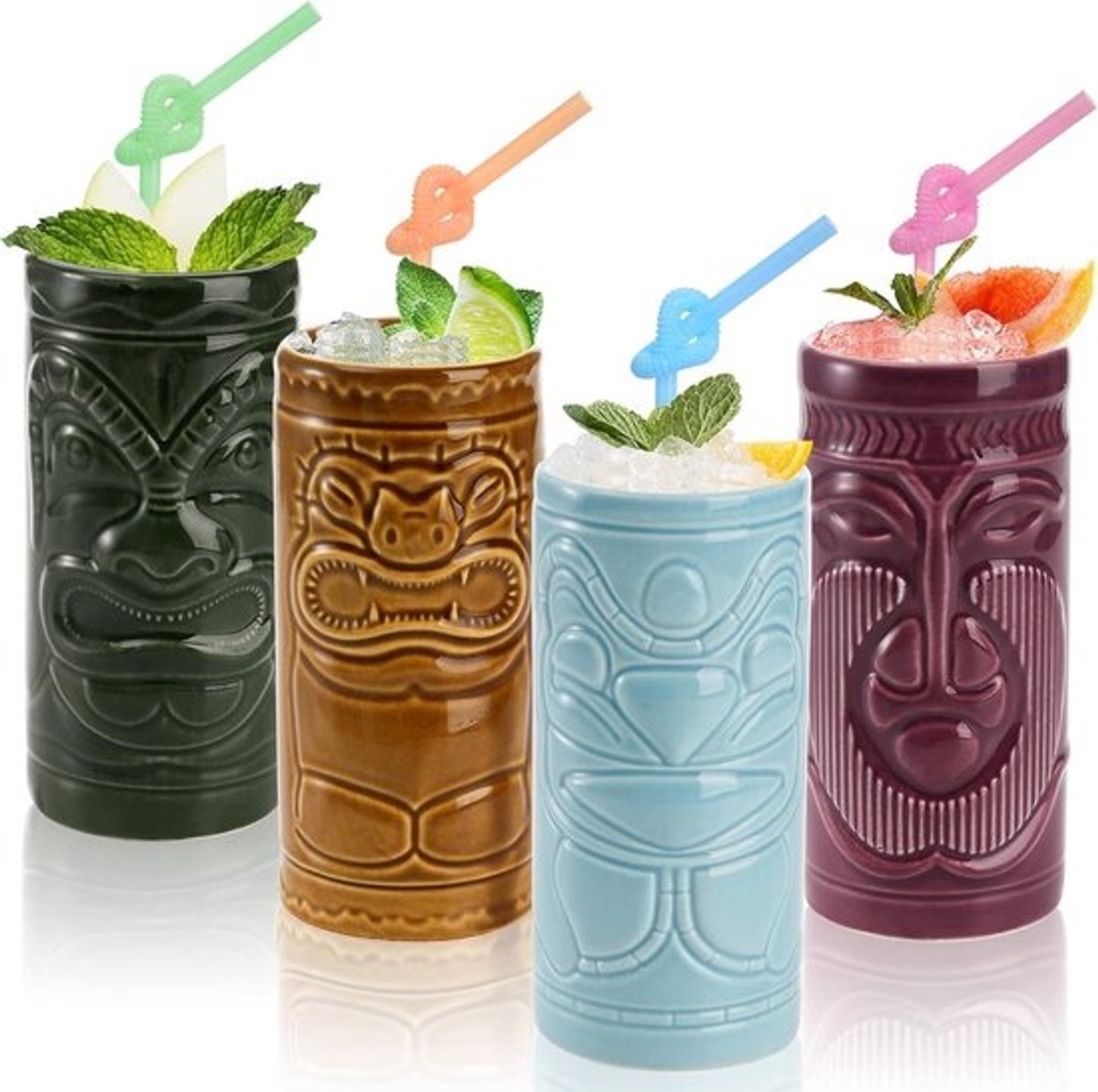 Set van 4 Keramische Tiki Mokken - Exotische Cocktailglazen voor Zombie en Mai Tai - 10oz