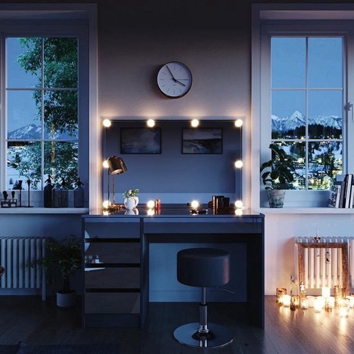 Make-up Tafel Set met Kruk en LED Verlichting - Antraciet Hoogglans