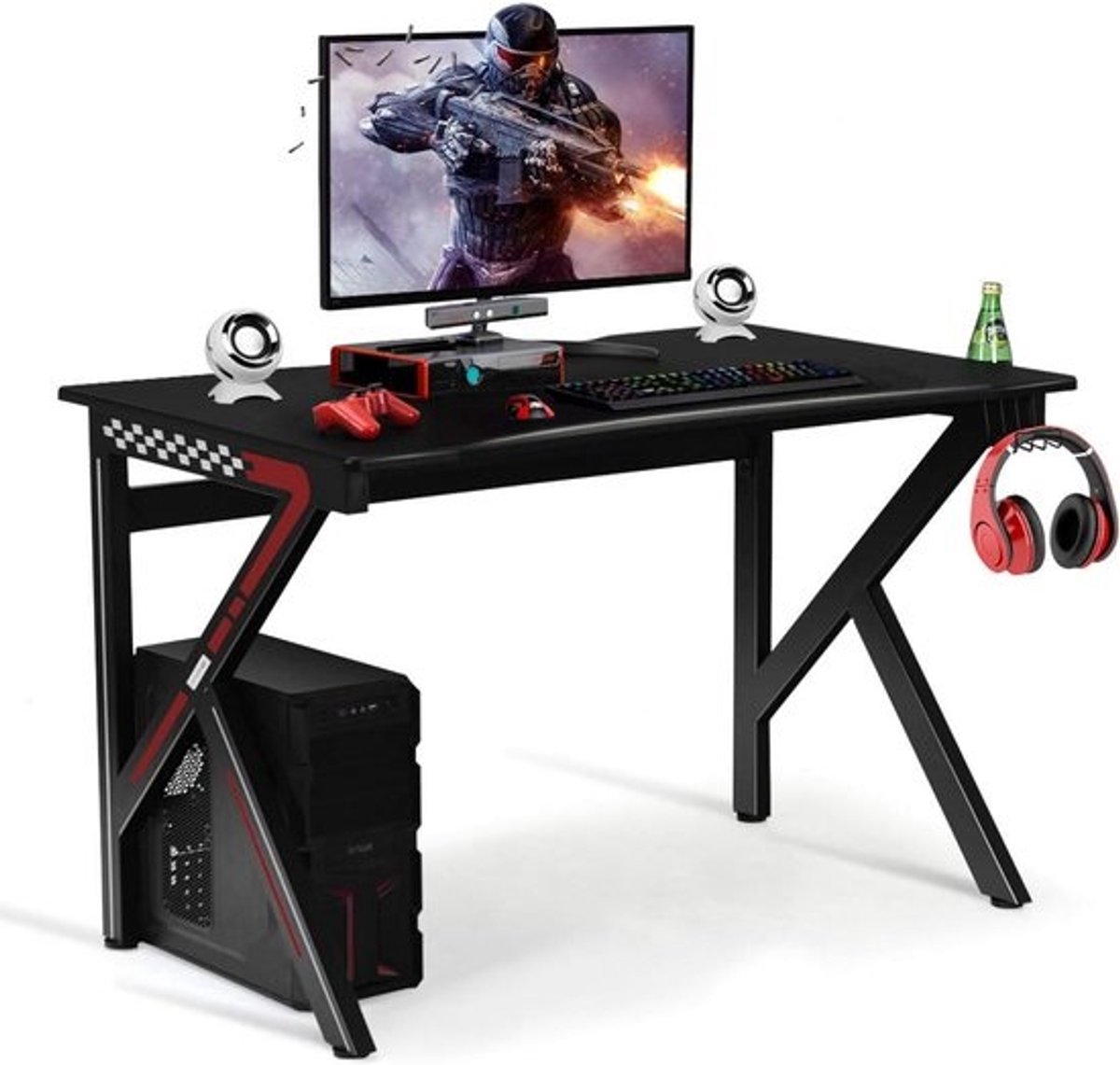 Gaming Tafel 113 cm - Ruime MDF Bureaublad met K-Vormige Constructie, Beugelhouder en Hoofdtelefoonhaak - Stabiele PC Bureau voor Thuis en Kantoor