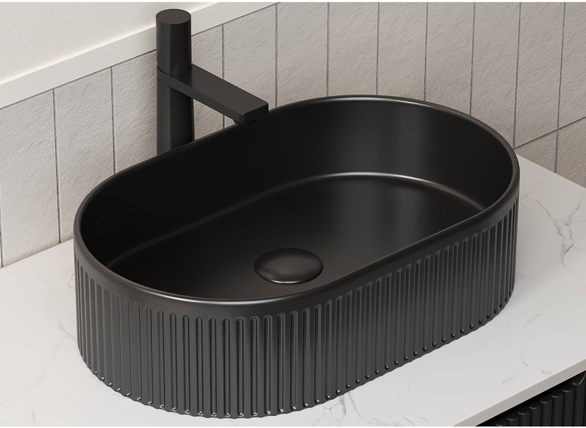 MIVRAY Wastafel – Opbouwmontage Met Strepenpatroon – 61 x 43 x 25 cm – Keramiek – Zwart – Enkele Wastafel Voor Moderne Badkamer