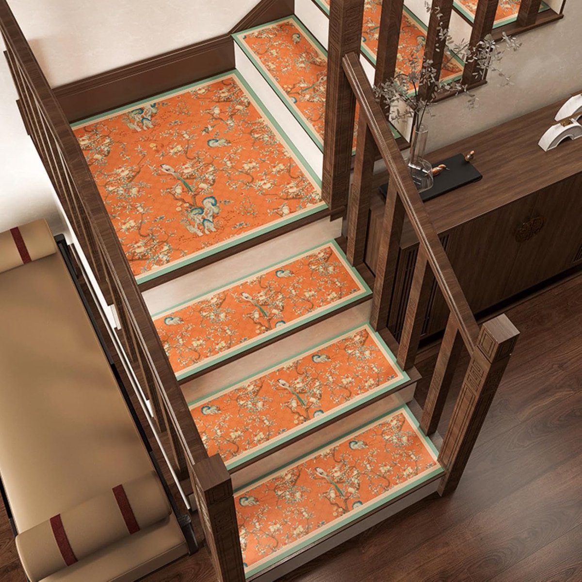 Traptreden matten set - Oranje pauw‑ en bloemenpatroon - 26*75 cm zonder vouwrand - 3 stuks - Antislip decoratieve trapbescherming voor binnentrappen