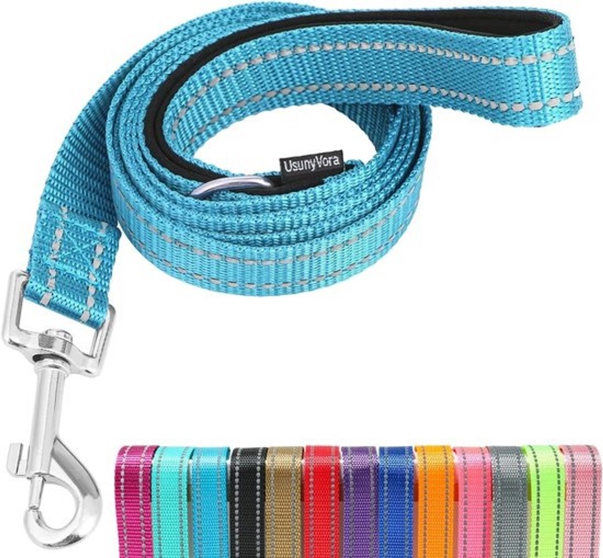 Hondenriem Nylon - Gewatteerde Lijn - Veilig Wandelen - Reflecterende Strepen - 150 cm Lengte - Hemelsblauw