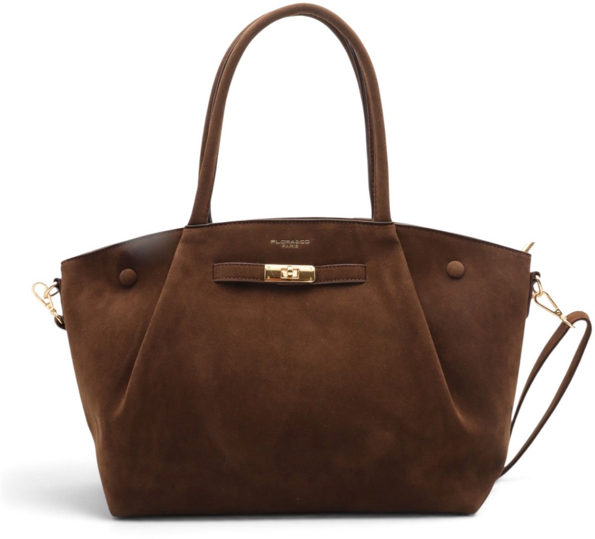Flora&Co - TESSA - suède look - grote handtas/tote bag met lange instelbare draagriem - chocolat/bruin - geschikt voor A4 - ideaal voor school- of werktas