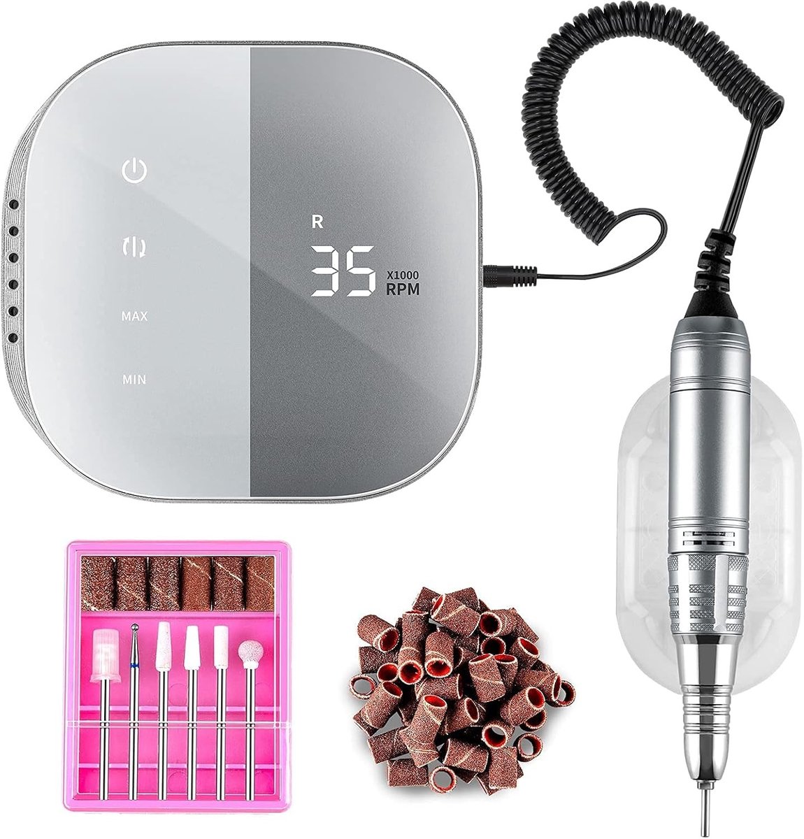 Professionele Elektrische Nagelvijl Set 35000RPM voor Gel- en Acrylnagels, HD Digitaal Display, Stil en Weinig Trilling, Grijs