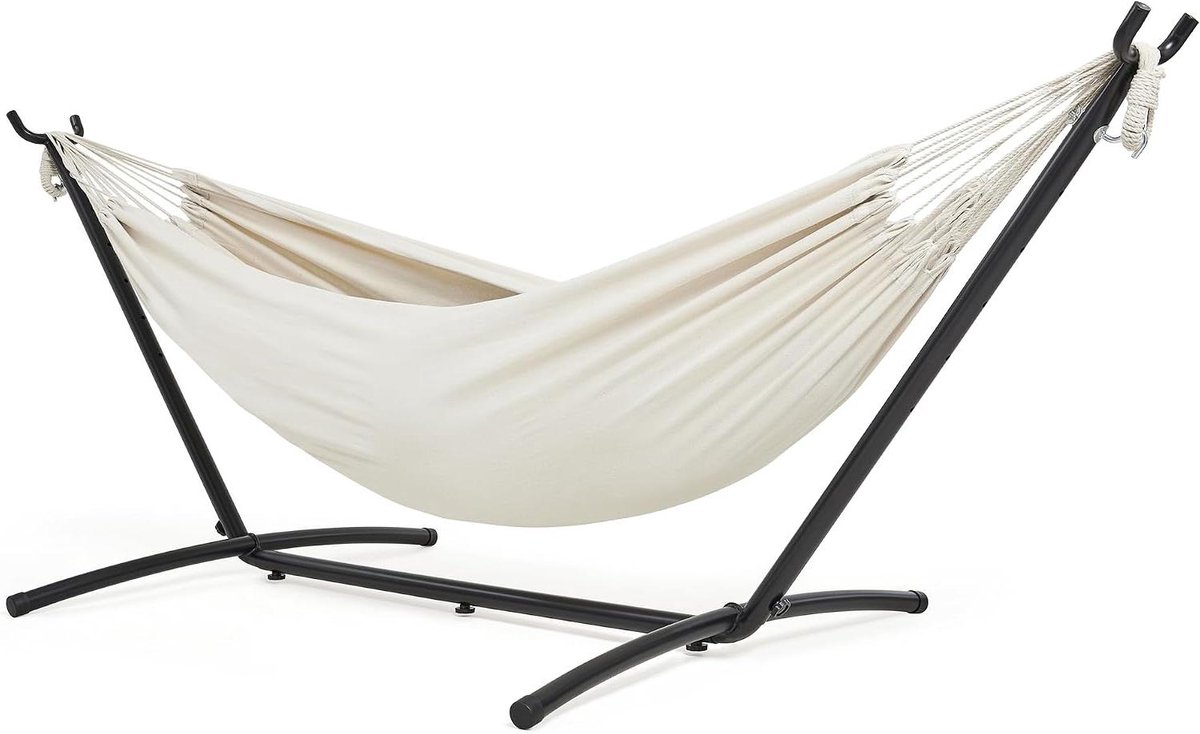 Hangmat met standaard - Dubbele stof - Ontspannen buiten - Draagkracht 200 kg - 270 x 110 cm - Beige