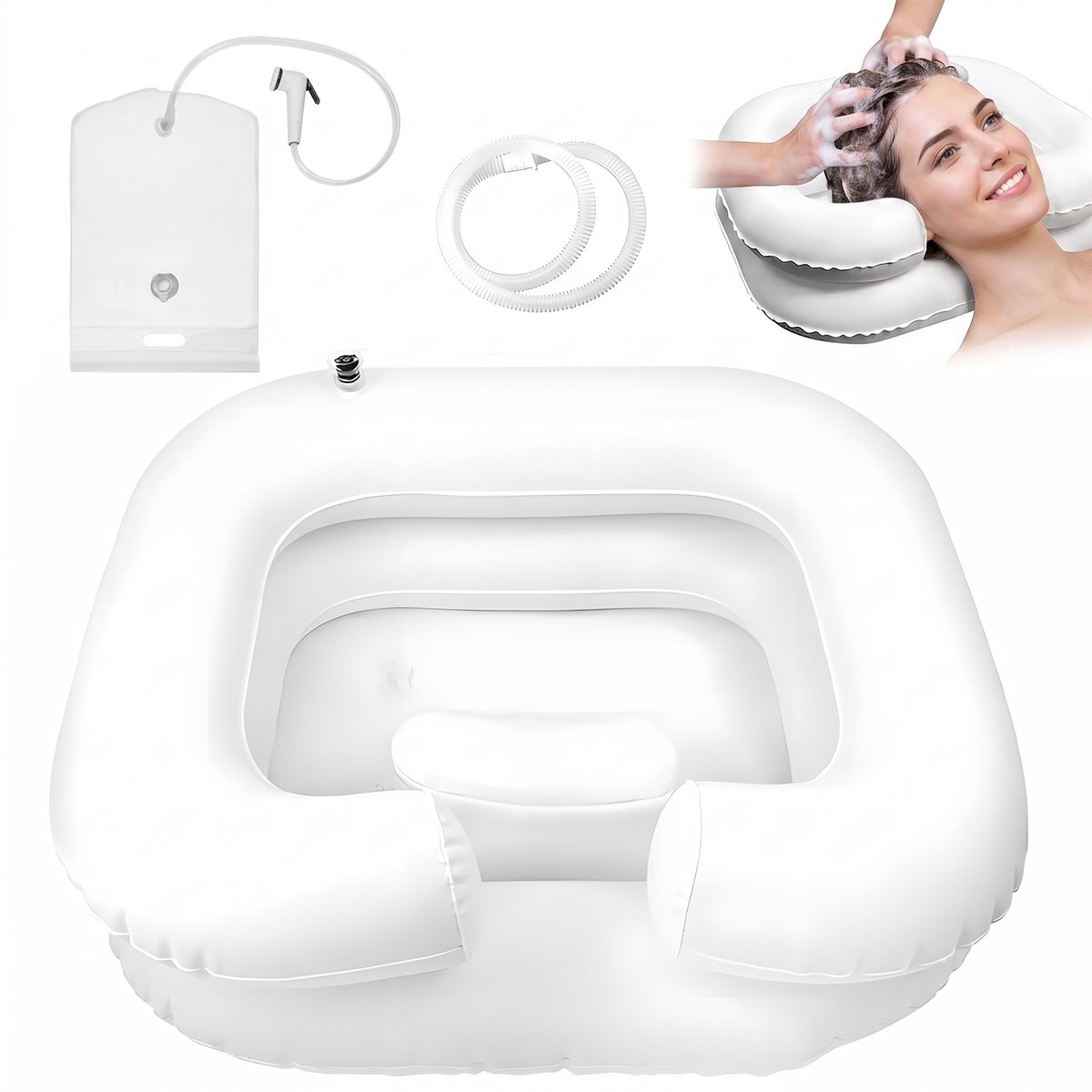 Opblaasbare Haarwasbak - Draagbare Wasbak - Met Hoofdkussen - Waterzak en Handdouche - Voor Bed en Thuisgebruik - PVC - Wit