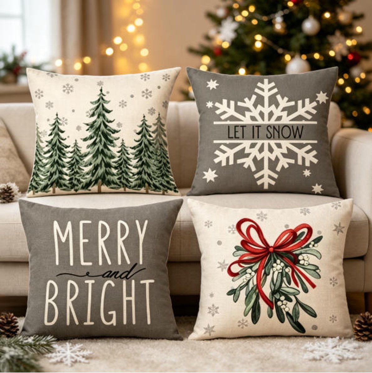 Flintry Set van 4 kerstkussenhoezen van katoenfluweel, decoratief vierkant kussen voor thuis of op kantoor, 45 x 45 cm(vulling niet inbegrepen)