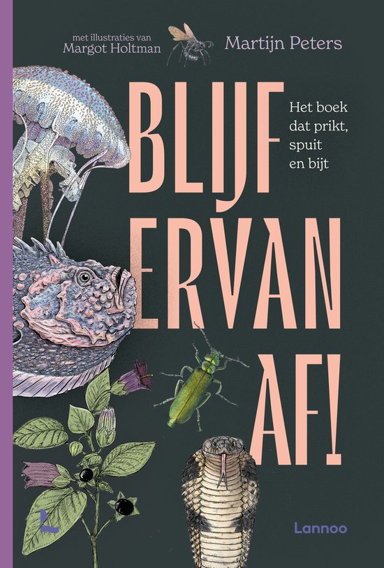 Boekcover 'Blijf ervan af!' met illustraties van een kwal, vis, slang en insect.