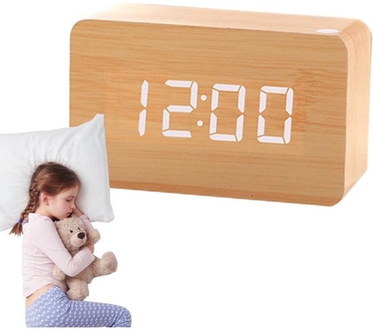 Digitale Houten Wekker - Elektrisch Bureauuurwerk - Wakker Worden - Geluidsgestuurde Verlichting - 120x80x70 mm - Houtkleur