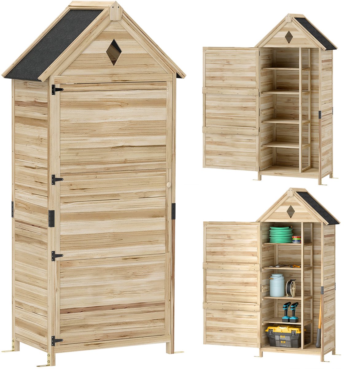 Tuinschuur met 4 schappen - houten opbergruimte - waterdicht asfaltdak - 80 x 49 x 170 cm - lichtbruin