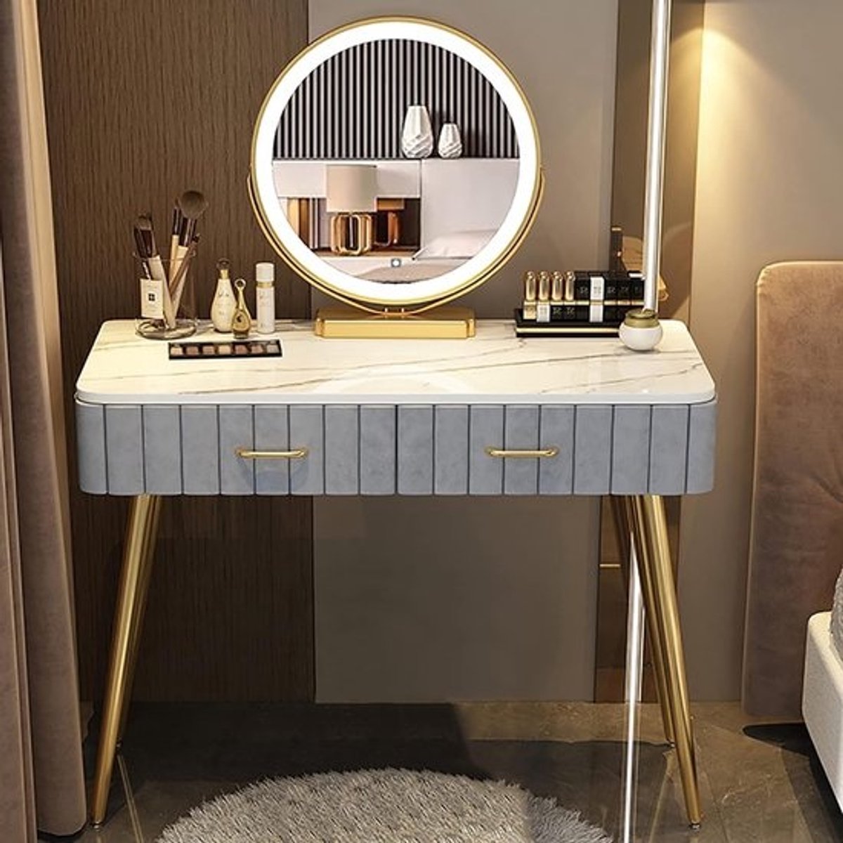 Kaptafel met spiegel - Make-up tafel - Cosmetica organiseren - Dimbare verlichting touchscreen - 100 cm breed - Grijs