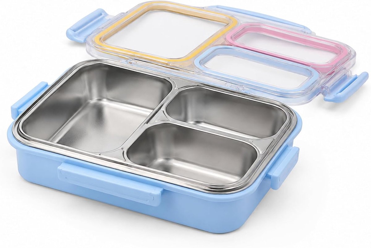 KZQ Roestvrijstalen lunchtrommel met meerdere vakken en deksel, stevig en licht, geschikt voor kantoor, school en picknick
