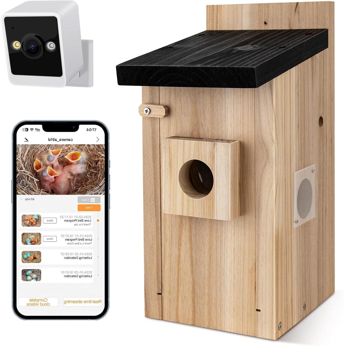 Vogelhuis Camera - Nestkast Observatie - Vogelgedrag Bestuderen - 4MP Nachtzicht AI - 15 x 33 x 20.5 cm - Houtkleur