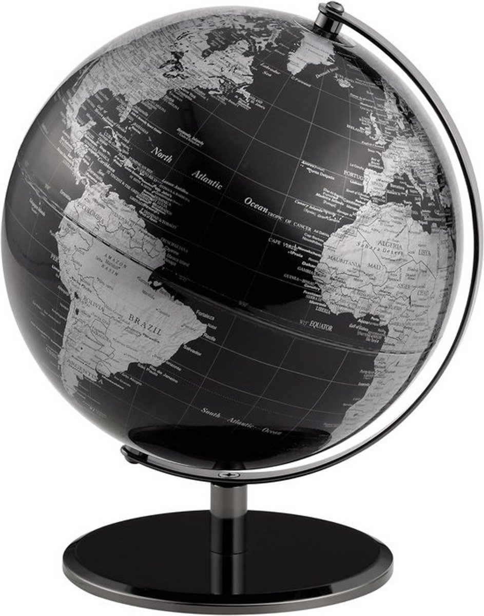 Wereldbol 25 cm Decoratie - Zwarte Metalen Voet en Beweegbare As - Zilverkleurig