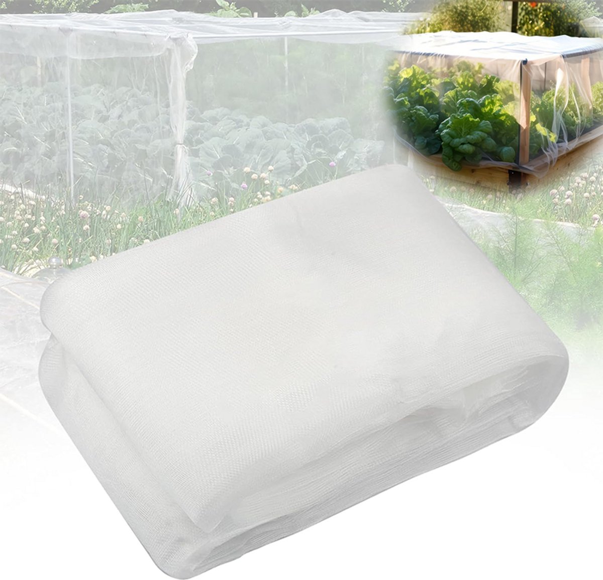 Insectennet van 3x6 meter, geschikt voor groenten, fruit en groenten, en als vogelnet. Beschermt fruitbomen en groenten tegen insecten