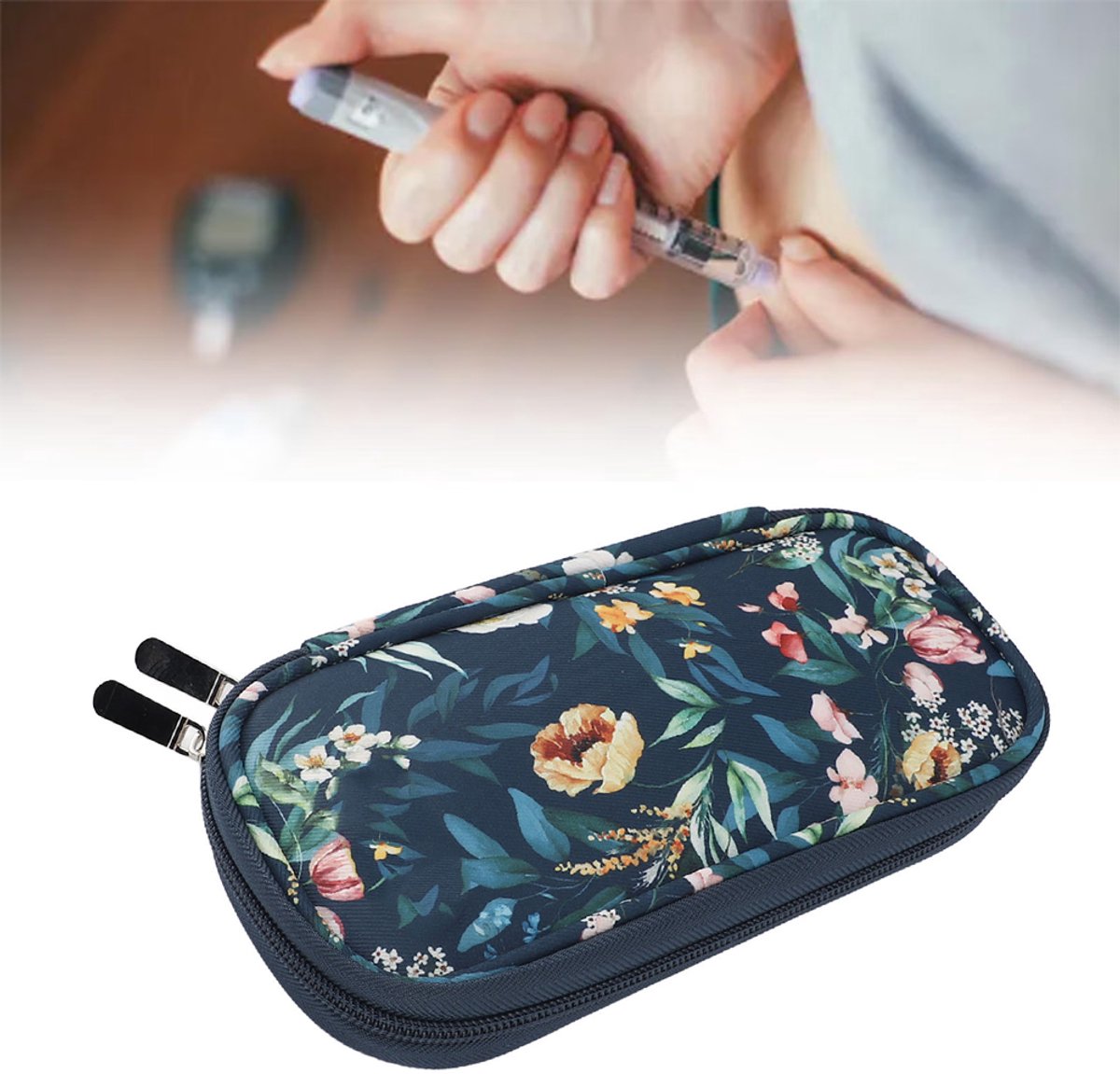Reiskoelbox voor insuline - Koelbox - Draagbare diabeteskit - Geïsoleerde koeltas - Inclusief 2 nylon koelelementen - Medicijnkoeltas - Geschikt voor dagelijks gebruik en op reis - 20,5*9,5*3,5 cm - Blauwe achtergrond met cameliabloemmotie — cadeau in Cadeau-ideeën - foto 3