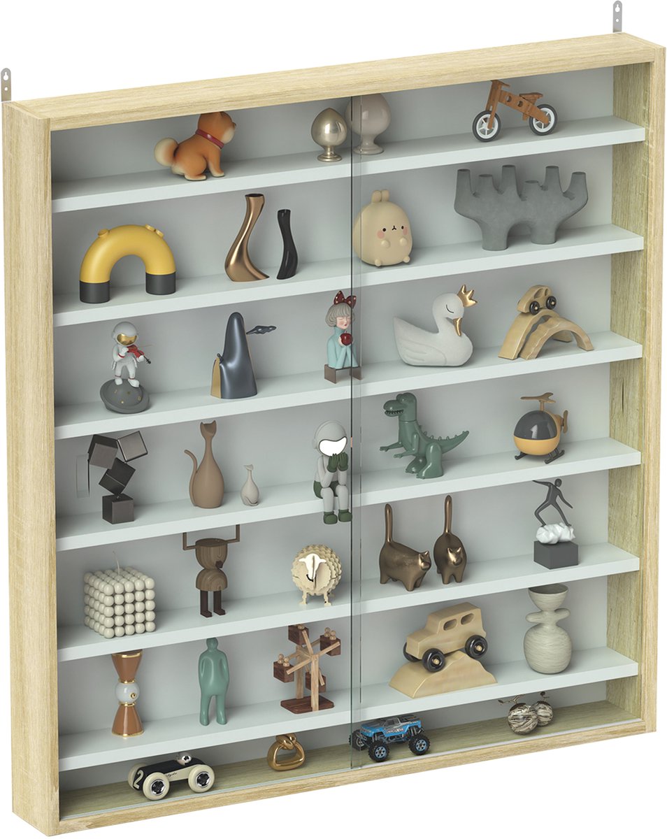 Wandvitrine met 7 planken en glazen deuren - eikenhout - vitrinekast - 6 verstelbare planken