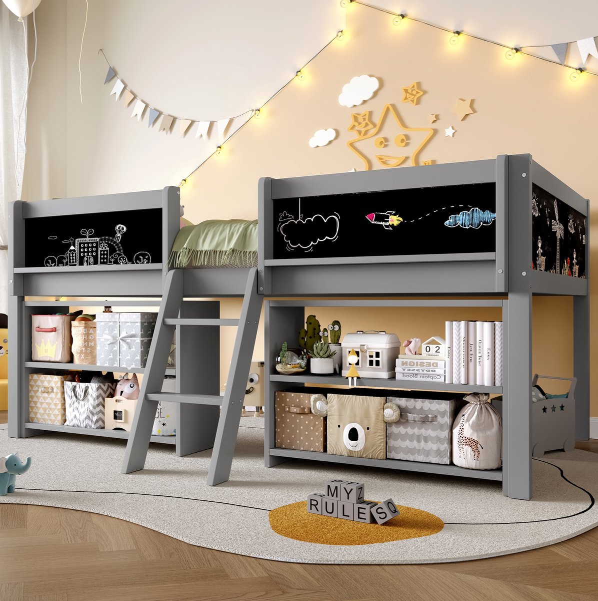 REDOM - Halfhoogslaper - Met opbergruimte en veiligheidshekje - Met ladder en tekenbord - Minimalistische stijl - Kinderkamer - Hout en MDF - Grijs - 204 x 124 x 90 cm