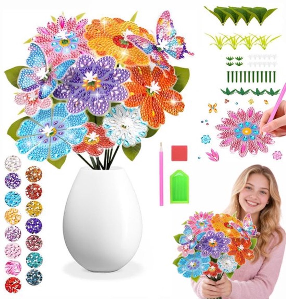 Diamond Painting Bloemen Knutselset - Creatieve DIY Bloemenboeket - Cadeau voor Meisjes 5, 6, 7, 8, 9, 10, 11, 12 Jaar - Binnen Ornament Knutselen
