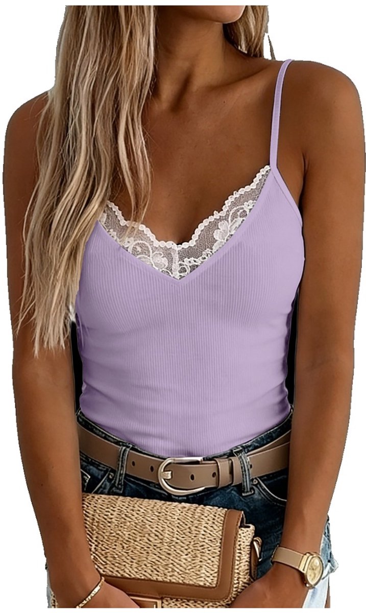 Currero Top Met Kant Dames - Topje - Kleding - Shirt - Blouse - Kort - Volwassen - Paars