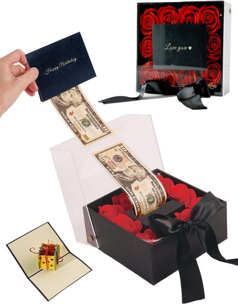 Luxe Geld Cadeau Doos met Rozen en LED Verlichting voor Feestdagen en Speciale Gelegenheden