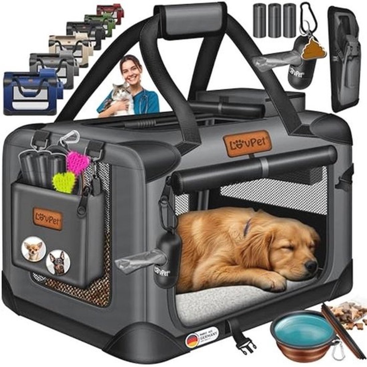 Lovpet® Hondenbox, incl. hondenbak, opvouwbaar, XXL 91,4 x 63,5 x 63,5 cm hondentransportbox, transporttas, hondentas, transportbox voor huisdieren, honden en katten, antraciet