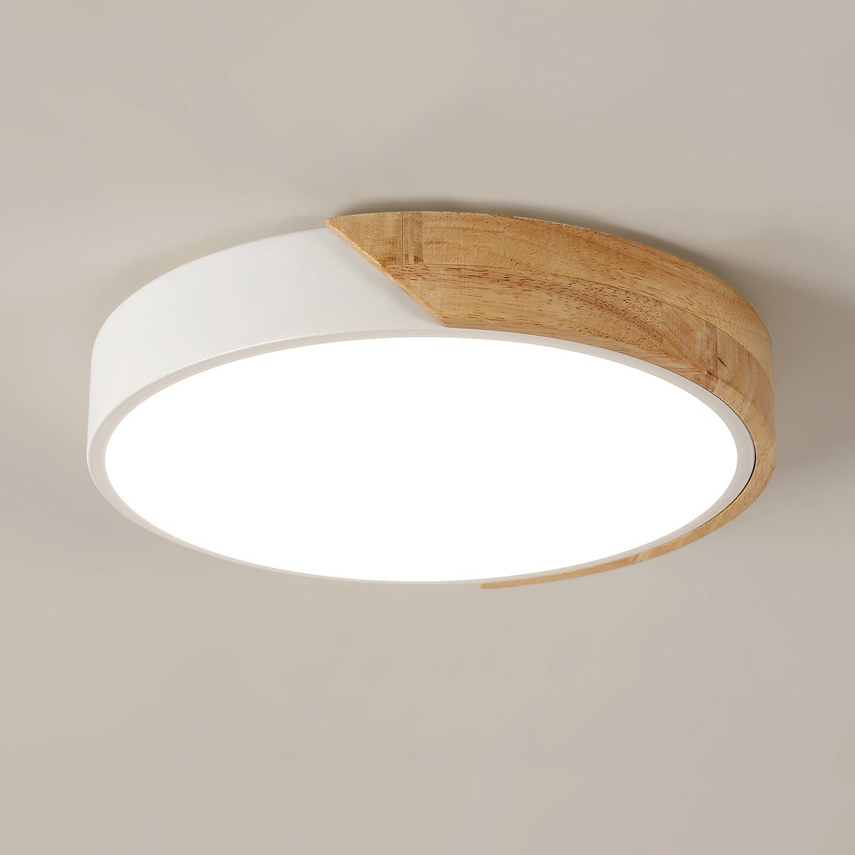 Riserva Ronde LED Plafondlamp 32cm, 30W 4500K Neutraal Wit, Modern Minimalistische Plafondverlichting Wit‑Houtkleurig van IJzer, Hout en Kunststof, voor Woonkamer, Slaapkamer, Eetkamer