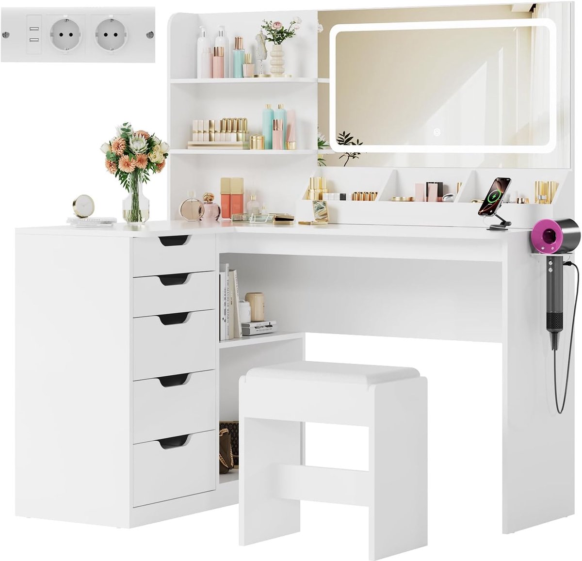 Devoko Hoekkaptafel met Spiegel en LED Verlichting - L-vormige Make-up Tafel met 2 Stopcontacten, USB en USB-C - 5 Lades, Kruk en Föhnhouder - 120x80x136 cm - Wit