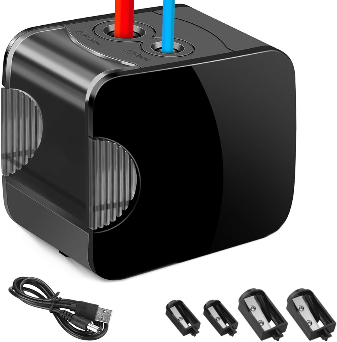 Elektrische puntenslijper - Automatische puntenslijper - Elektrische puntenslijper - Puntenslijper voor op kantoor - Dubbel gat - 4 mesjes - Zwart