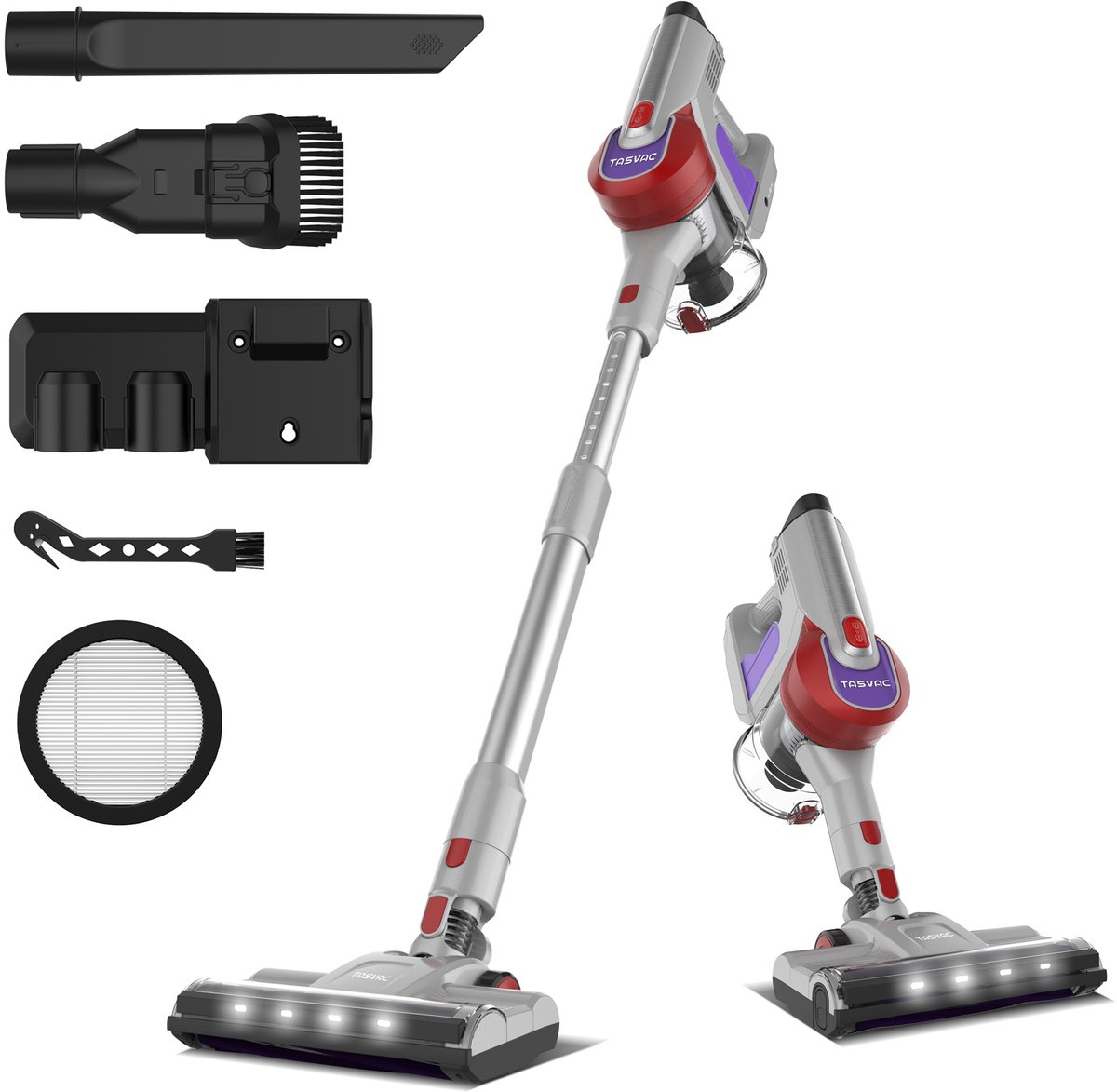 Rode Snoerloze Steelstofzuiger 43,5 x 32,5 x 19,5 cm, 260 W, 23 kPa, LED Display, Zachte Rollerborstel, 5-Traps HEPA Filtersysteem, 50 min Gebruiksduur, Draadloze Stofzuiger voor Vloer, Tapijt en Huisdieren