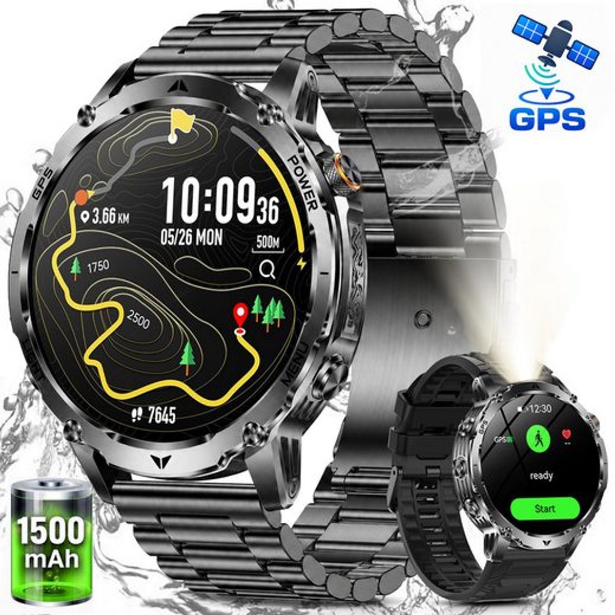 FOSMET GPS Smartwatch Heren - Militair Smartwatch - 1,8 Inch - AMOLED Scherm - 1500mAh - 24/7 Hartslagmeter, SpO2 & Slaapmonitor - 100+ Sportmodi, Kompas, Barometer & Hoogtemeter - LED-Zaklamp - IP68 Outdoor Sporthorloge - Inclusief 2 Bandjes - Zwart