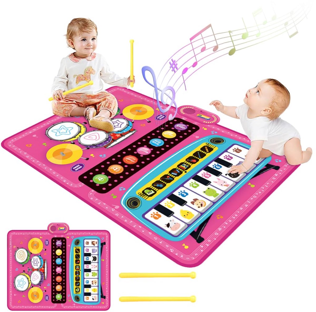 VONKELIOS®3 in 1 Muziekmat - Kinderspeelgoed 1 2 3 Jaar - Dansmat - Pianomat - touch speelkleed - Pianoklavier & Drumset met 2 Drumstokken - Cadeau Vroeg Educatief Muzikaal Leerspeelgoed - meisjes en jongens - Babyspeelgoed