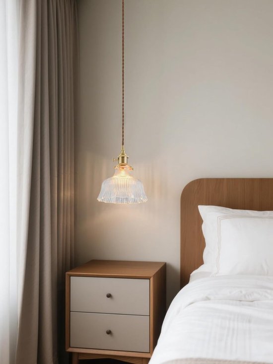 Retro hanglamp met 1 lichtpunt en E27-fitting, messing lamphouder en glazen kap; verstelbare hanglamp voor slaapkamer, restaurant of café; ook geschikt als hanglamp boven een kookeiland. — afbeelding 4